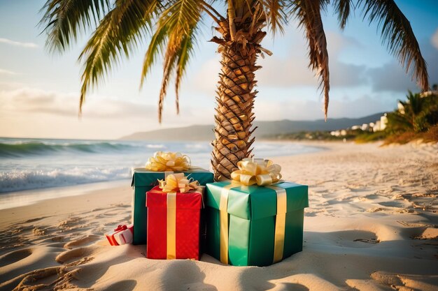 Unconventional christmas palm tree adorned with presents on a beach