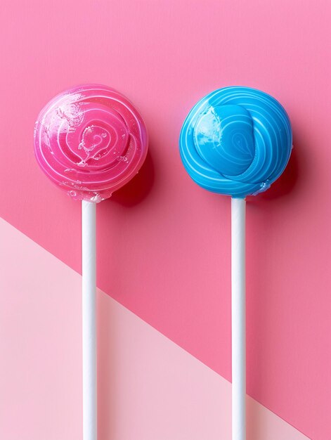 Photo unconventional dessert ideas vibrant blue and bright pink lollipops on softcolored backdrop for surreal sweets