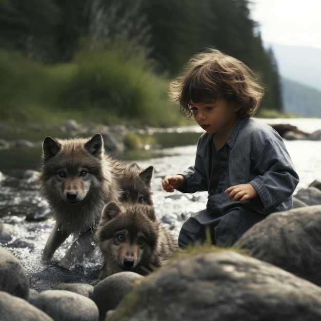 Photo the unconventional journey a hyper realistic film depicting two babies shows fed by a wolf beside