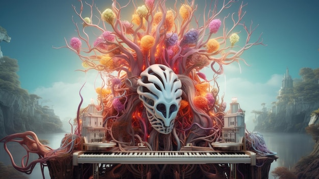 독특하고 기발한 중심 장식으로 외계인 머리를 갖춘 색다른 피아노