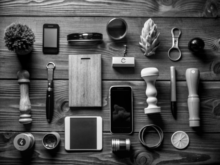 Photo unconventional things a wooden table mockupwoodoilbolltleleafmonitorphonekeychainringparts