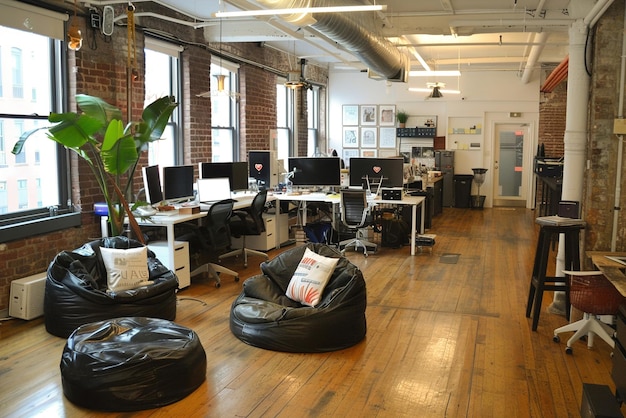 Unconventional workspace with quirky decor including beanbag chairs hammocks and indoor swings perfe