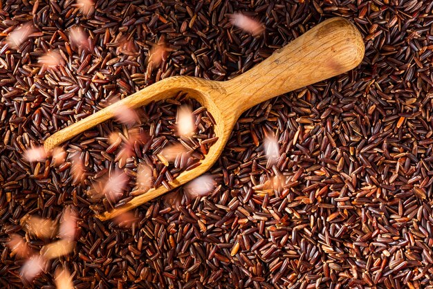 Uncooked Brown Rice Grain Background and Wooden Spoon Flying Grains Motion