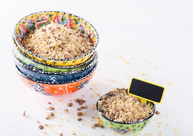 Uncooked bulgur and lentils 