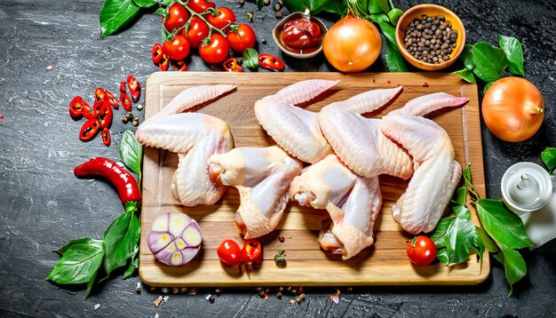 uncooked chicken wings displayed on a wooden board along with vegetables and spices on a black