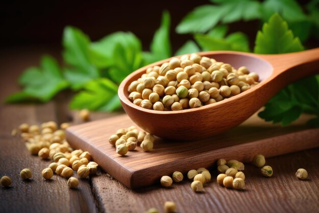 Uncooked chickpeas and green plant on wooden table Heap of legumes in background