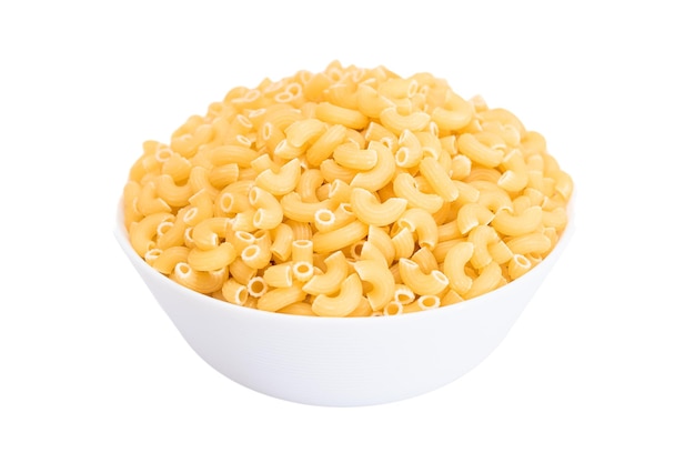 uncooked chifferi rigati pasta in white cup isolated on white background