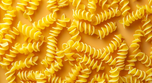 Uncooked fusilli pasta scattered on a yellow background