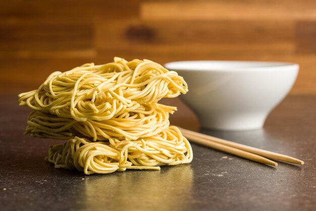 Uncooked instant chinese noodles on old kitchen table