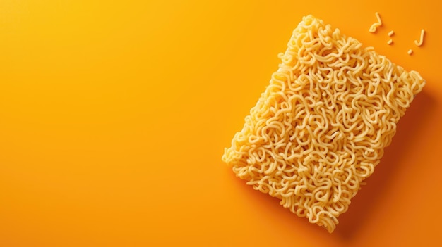 Uncooked instant noodles on a vibrant orange background