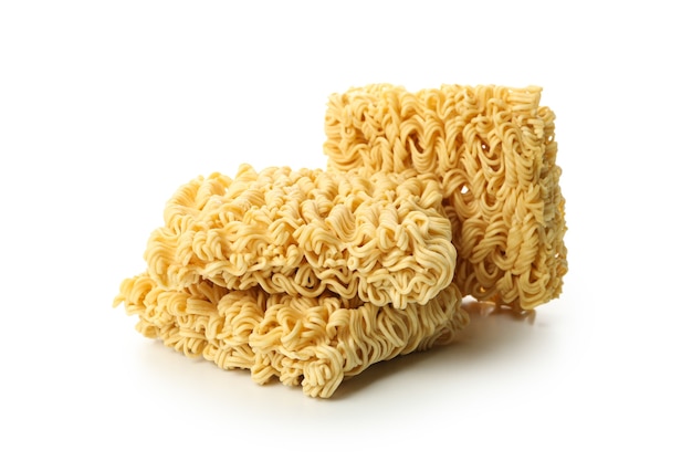 Uncooked instant noodles on white