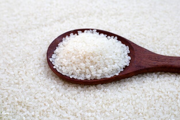 Uncooked japan rice with wooden spoon