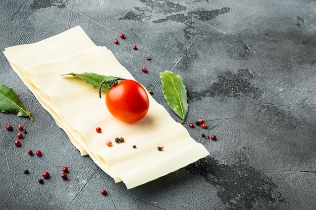 Uncooked lasagna sheets set, with seasoning and herb, on gray stone background, with copy space for text