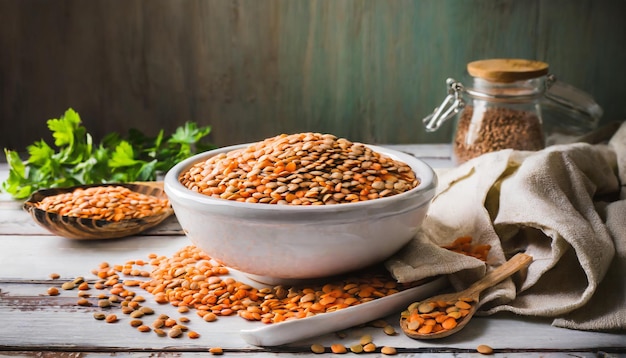 Photo uncooked lentil legumes in bowl on wooden table andhe was ready for cooking