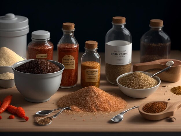 Uncooked marine products and seasonings at kitchen