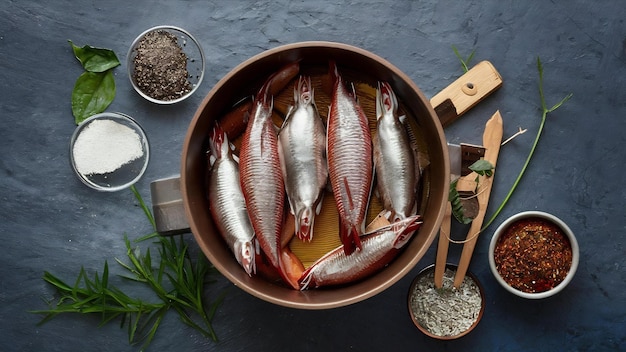 Photo uncooked marine products and seasonings at kitchen