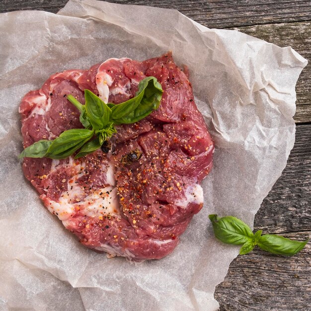 Uncooked meat Raw pork neck Top view Closeup