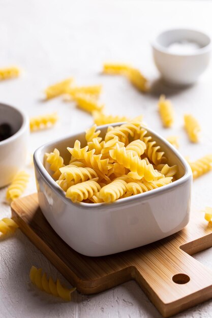 Uncooked pasta in a bowl