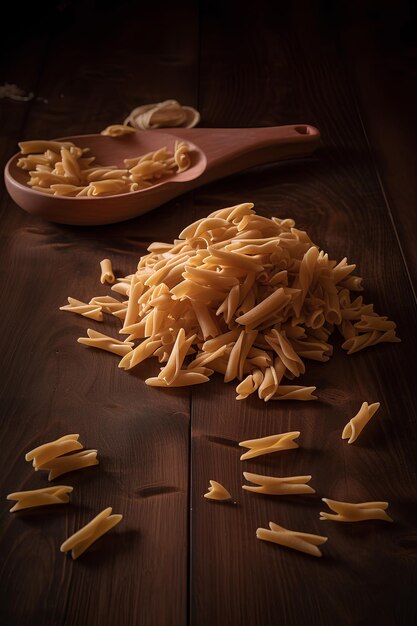 Photo uncooked pasta on dark wooden background