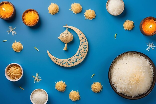 uncooked rice making eid moon and eid lantern top view blue background clear minimal