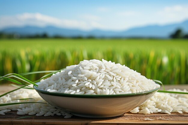 Uncooked Rice with Rice Field Backdrop Generative By Ai