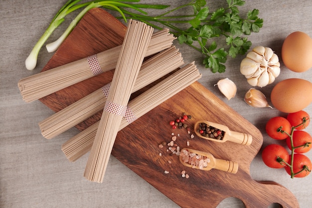 Uncooked soba noodles. Traditional Japanese noodles