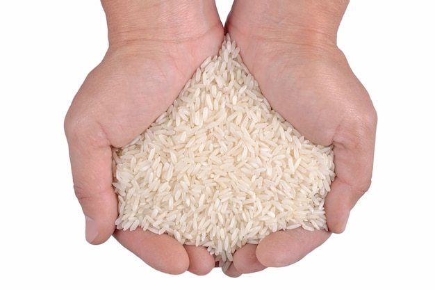 Uncooked white rice in the hands on a white background