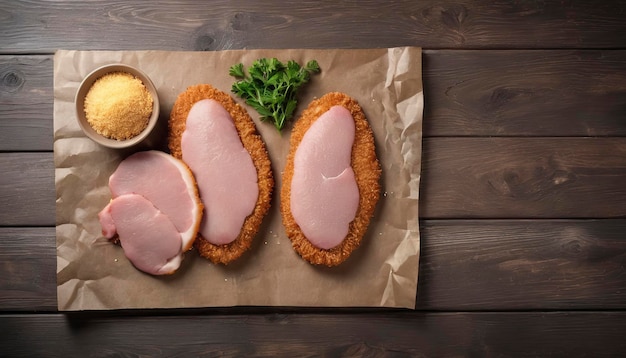 Uncooked Wiener schnitzel in breadcrumbs raw pork meat Wooden background