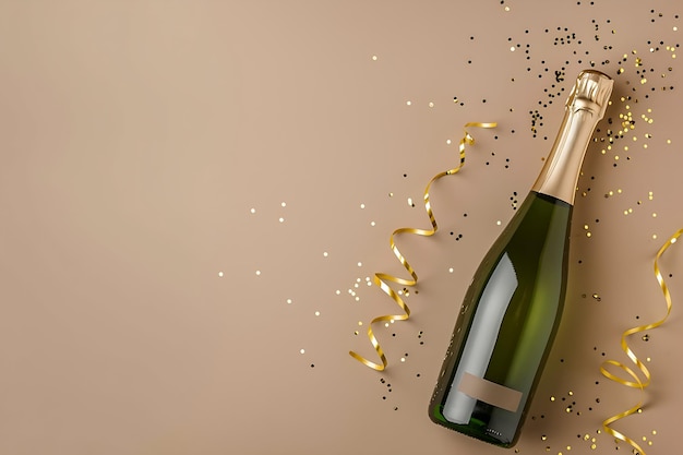 uncorked champagne bottle with confetti and streamers festive