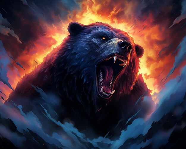 Неживой медведь носит свою массивную форму тенистые индиго глаза огненный оранжевый под бурным небом