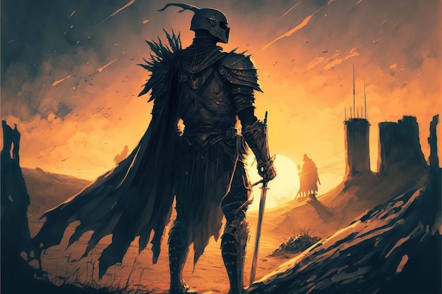 Photo the undead knight in medieval armors prepares for battle against a background dawn digital art style illustration painting fantasy concept of a undead knight king