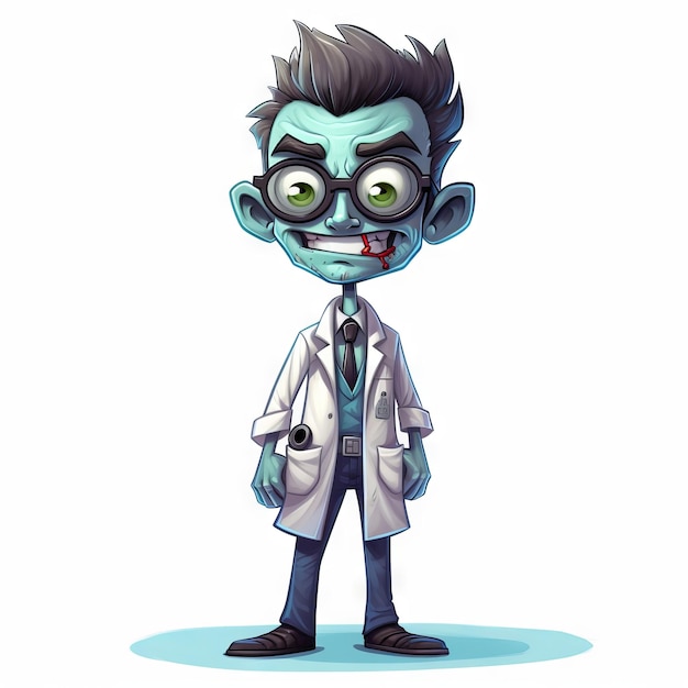 Undead medical practitioner turned zombie cartoon style on white background Generative AI