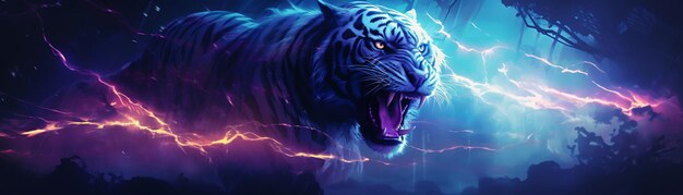 Неживой тигр с ярким токсичным неоном на тёмно-голубой шерсти под страшным небом.