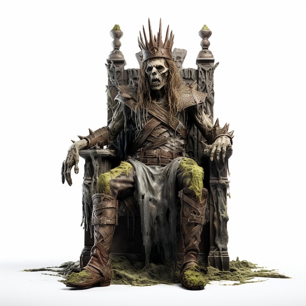 undead zombie king sitting on a throne PNG on White backgound