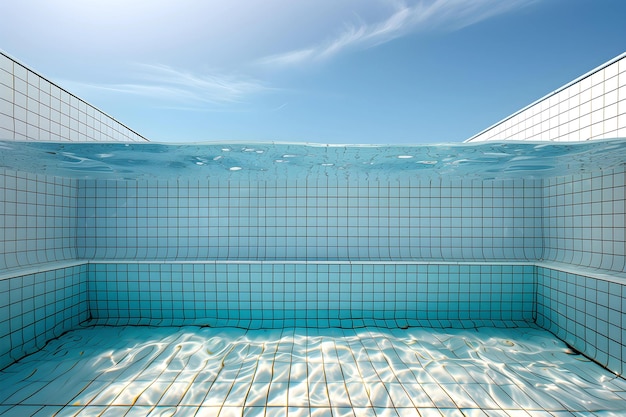 사진 눈높이의 수영장 에는 투명한 물과  타일 모자이크가 있습니다.