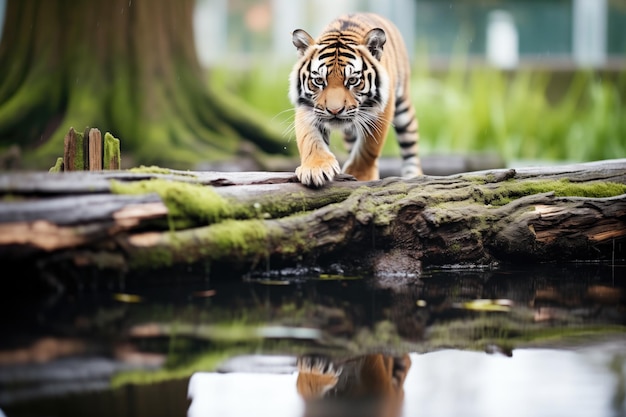 Foto vista del ventre di una tigre che cammina su un tronco