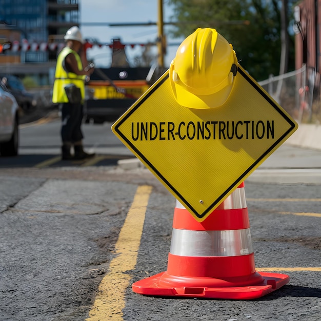 Underconstruction sign adorned with safety hat on traffic cone For Social Media Post Size