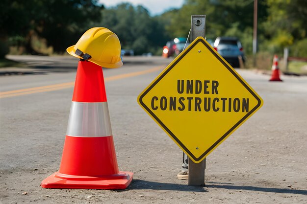 Photo underconstruction sign adorned with safety hat on traffic cone