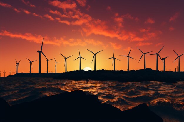 Photo underconstruction wind turbines stand as silhouettes on the offshore horizon