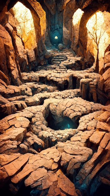 Underground cave dungeon made of stone fire around 3D illustration