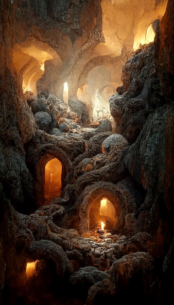 Underground cave dungeon made of stone fire around medieval un
3d rendering