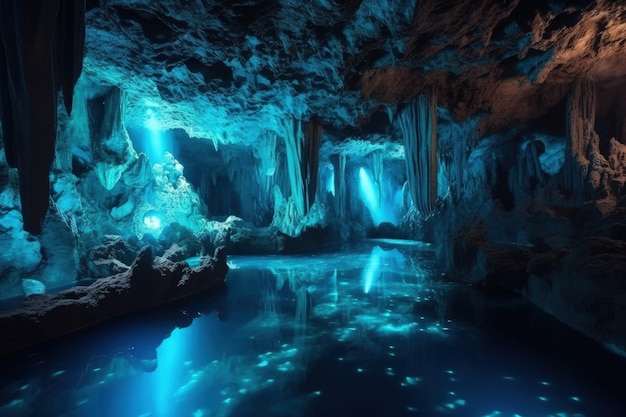 Иллюстрация подземной пещеры светло-голубой Генеративный AI