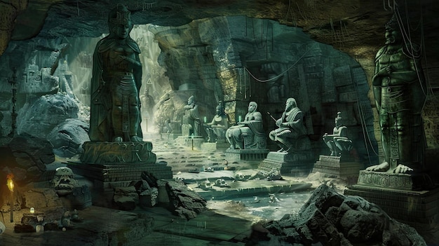 Photo an underground chamber filled with treasure troves guarded by traps raised statues ruins buildings of ancient civilizations mysticism paranormalism otherworldly forces magic generative by ai
