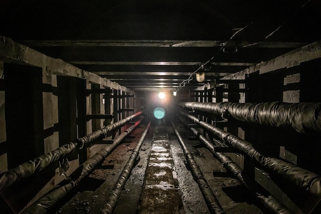 Подземный бетонный коммунальный туннель с трубами и проводами Коммунальный тунель с светом в конце