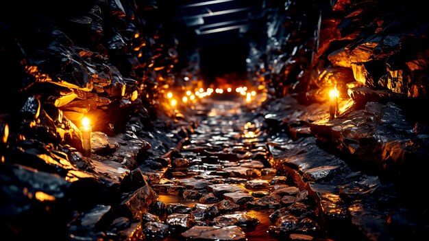 Photo underground mine mining rail track trolleys laid through tunnel