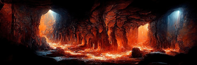 Foto grotta sotterranea di lava fusa. arte digitale. caverna profonda. illustrazione 3d