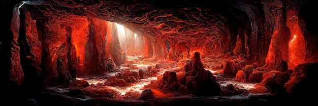 地下の溶岩洞窟。デジタルアート。深い洞窟。立体イラスト