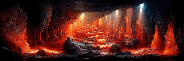 Underground, molten lava cave. Digital art. Deep cavern. 3D illustration