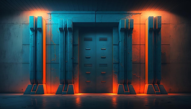 Underground Neon Orange Blue Sci Fi Futuristic Rock Wall Concrete Basement Parking Generative ai