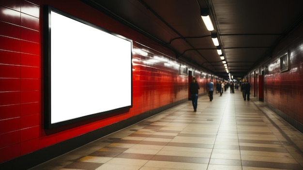 Foto tunnel della metropolitana con pareti rosse vibranti e grandi pubblicità perspettiva profonda e concetto di marketing ai generativa